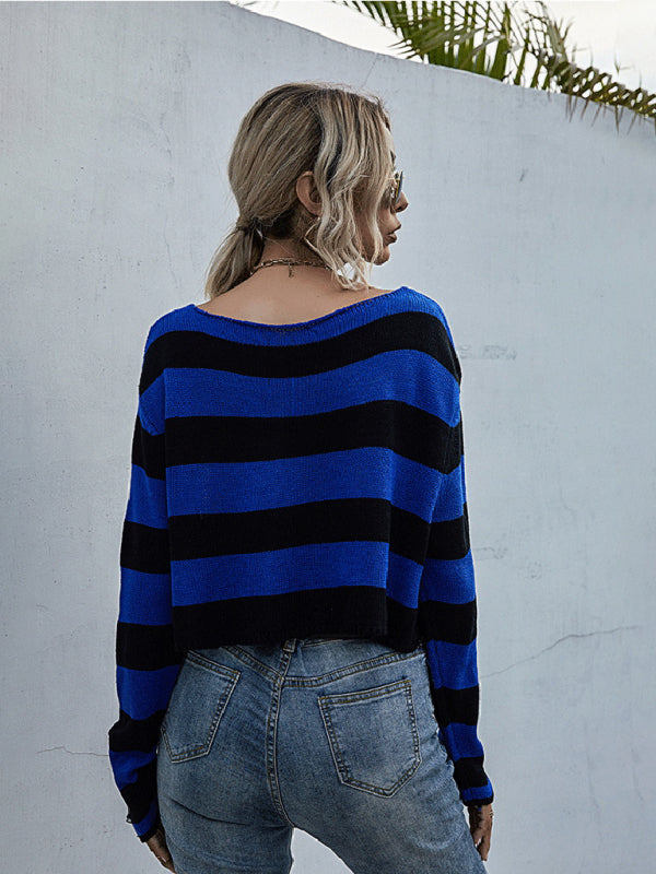 New women’s striped v-neck loose short knitted bottoming sweater