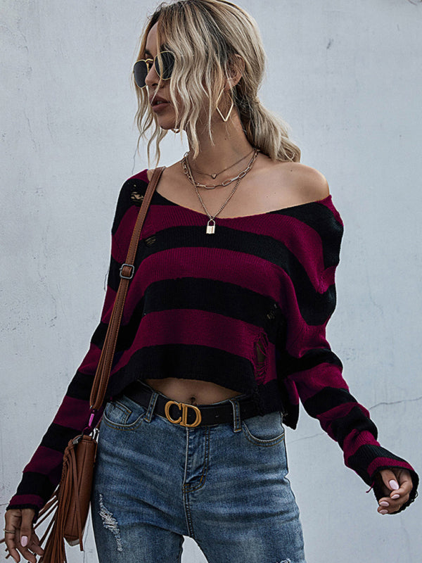New women’s striped v-neck loose short knitted bottoming sweater