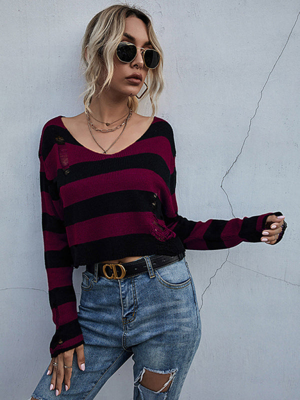 New women’s striped v-neck loose short knitted bottoming sweater - Wine Red / S
