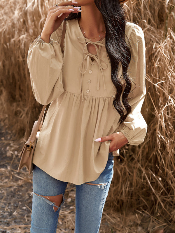 New women’s temperament commuting solid color V-neck long-sleeved top