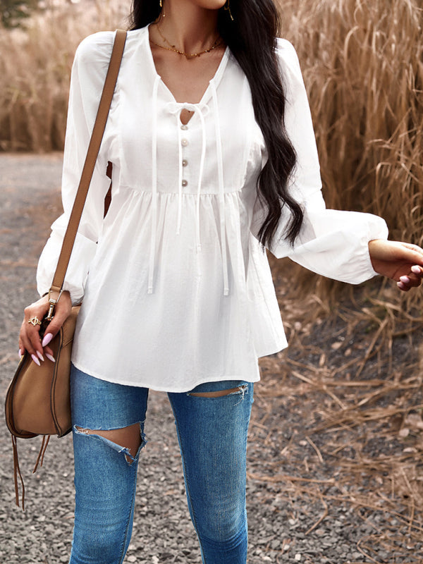New women’s temperament commuting solid color V-neck long-sleeved top