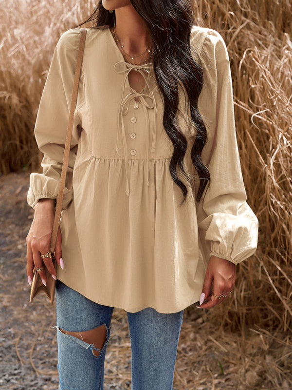 New women’s temperament commuting solid color V-neck long-sleeved top - Khaki / S