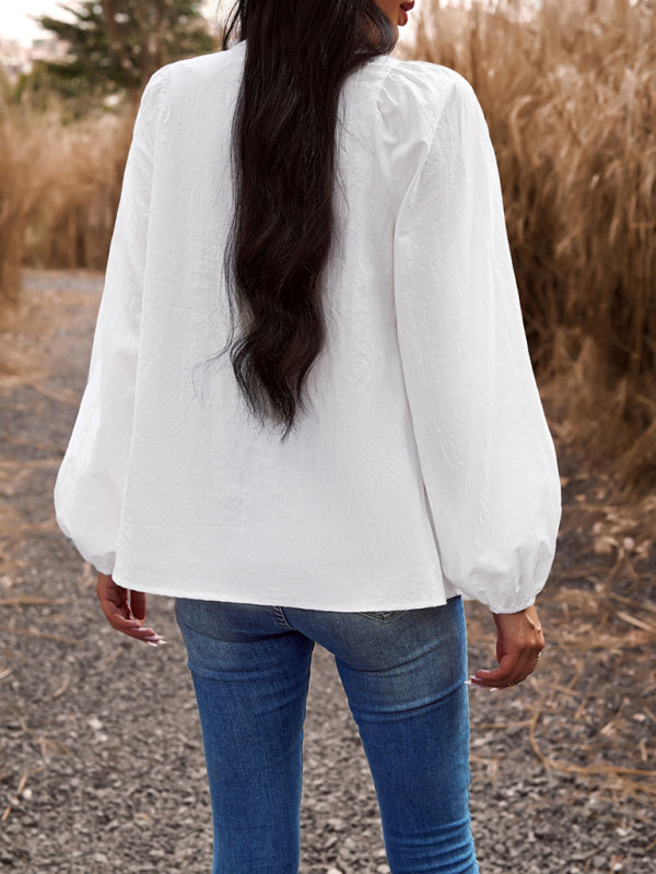 New women’s temperament commuting solid color V-neck long-sleeved top