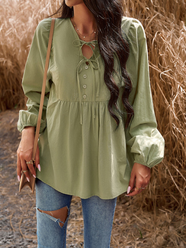 New women’s temperament commuting solid color V-neck long-sleeved top - Green / S
