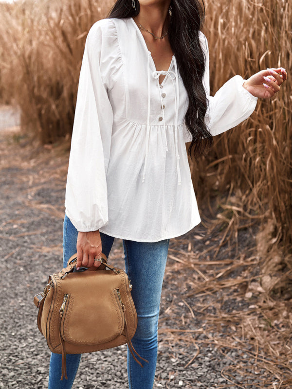 New women’s temperament commuting solid color V-neck long-sleeved top