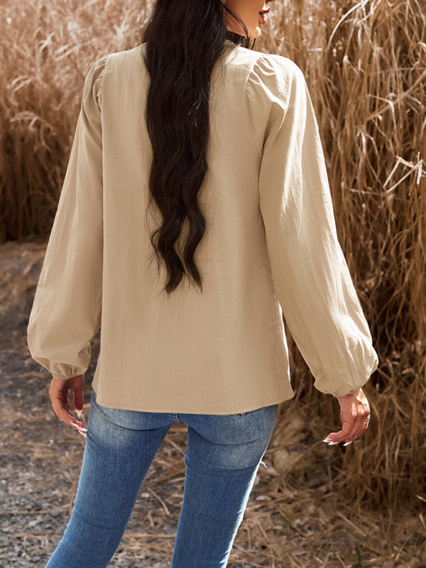 New women’s temperament commuting solid color V-neck long-sleeved top