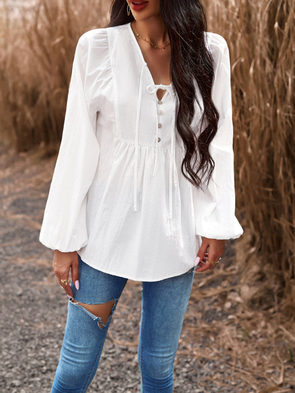 New women’s temperament commuting solid color V-neck long-sleeved top - White / S