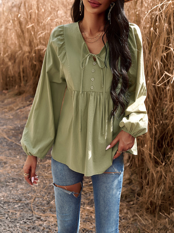 New women’s temperament commuting solid color V-neck long-sleeved top