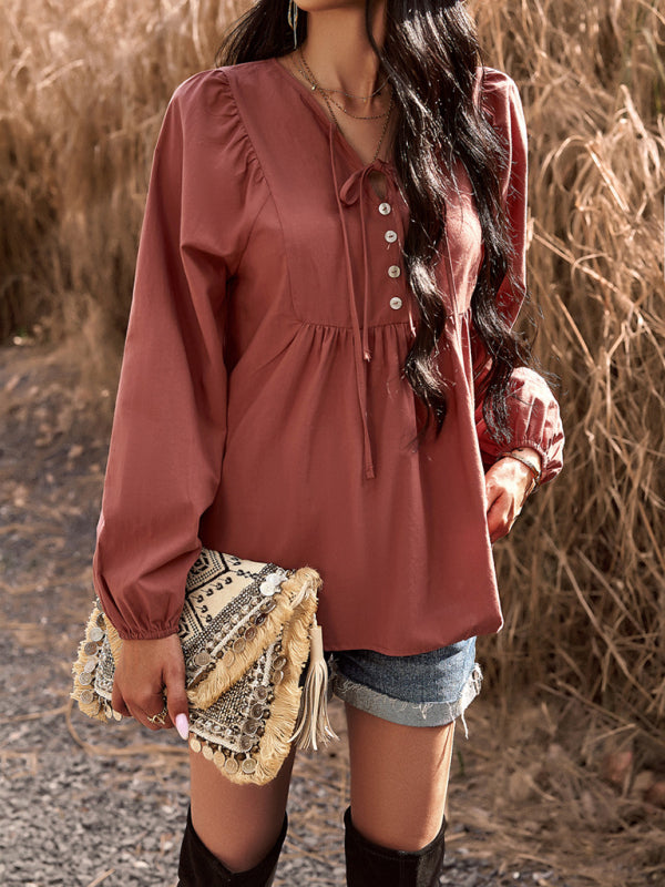 New women’s temperament commuting solid color V-neck long-sleeved top - Brown / S