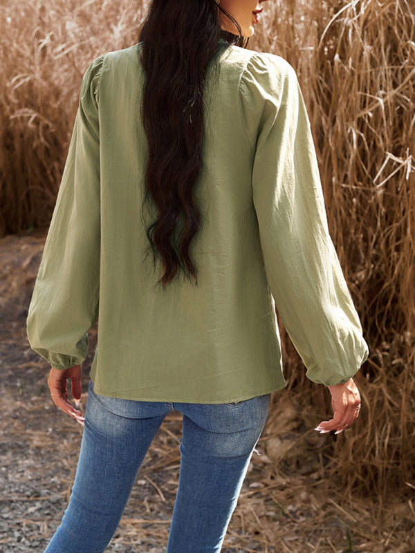 New women’s temperament commuting solid color V-neck long-sleeved top