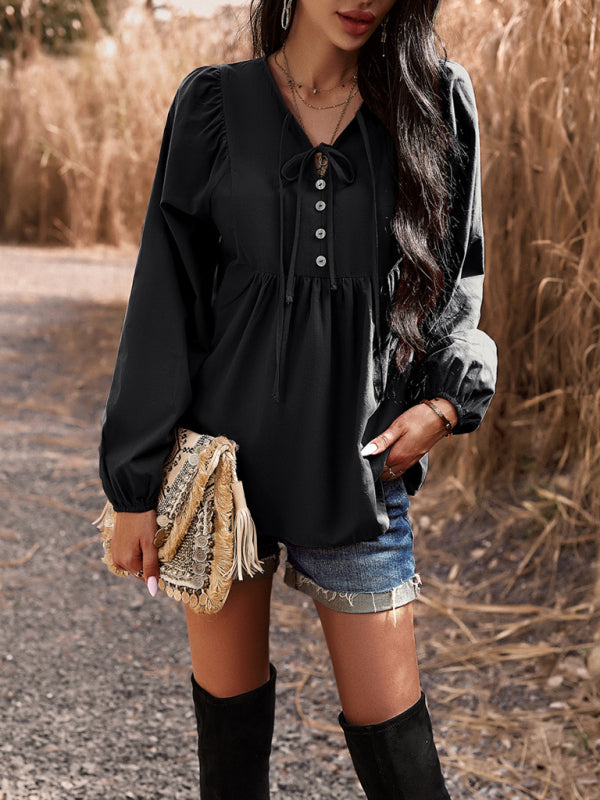 New women’s temperament commuting solid color V-neck long-sleeved top