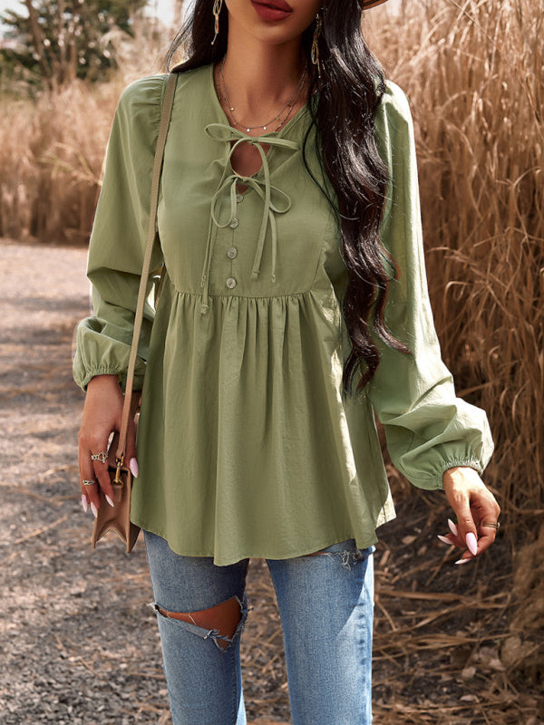 New women’s temperament commuting solid color V-neck long-sleeved top