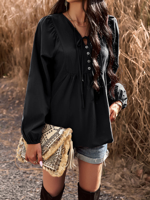New women’s temperament commuting solid color V-neck long-sleeved top - Black / S
