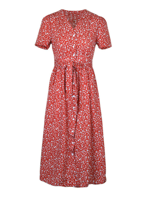 New women’s v-neck floral slit short-sleeved dress