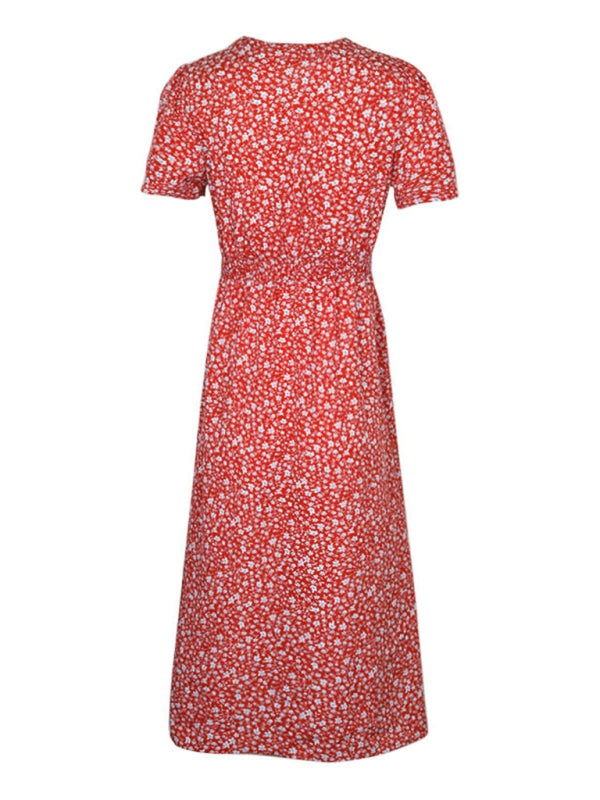 New women’s v-neck floral slit short-sleeved dress