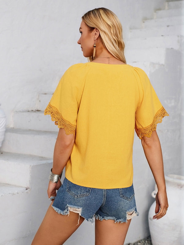 New women’s V-neck patchwork lace top