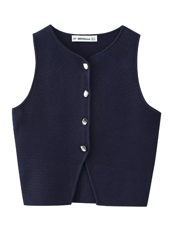 New women’s versatile slim fit knitted short vest top - Purplish blue navy / XS