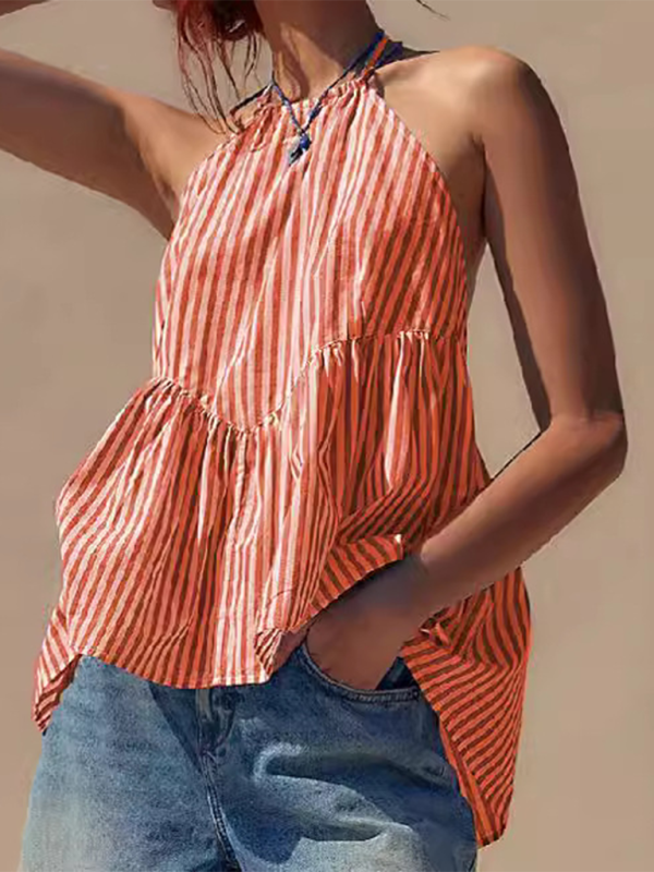 New Y2K fashion women’s striped strappy backless sexy hot top - Orange / S