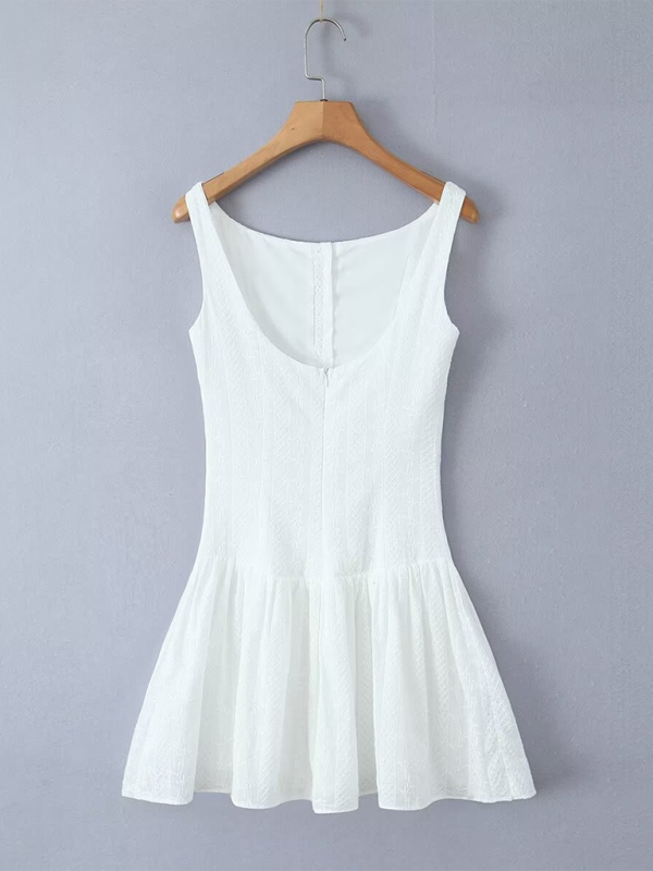 One-shoulder large backless slim lace single-breasted short dress - White / S