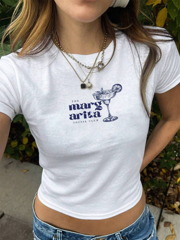 Personalized wine glass print Baby Tee navel-baring short-sleeved versatile T-shirt - White / XS