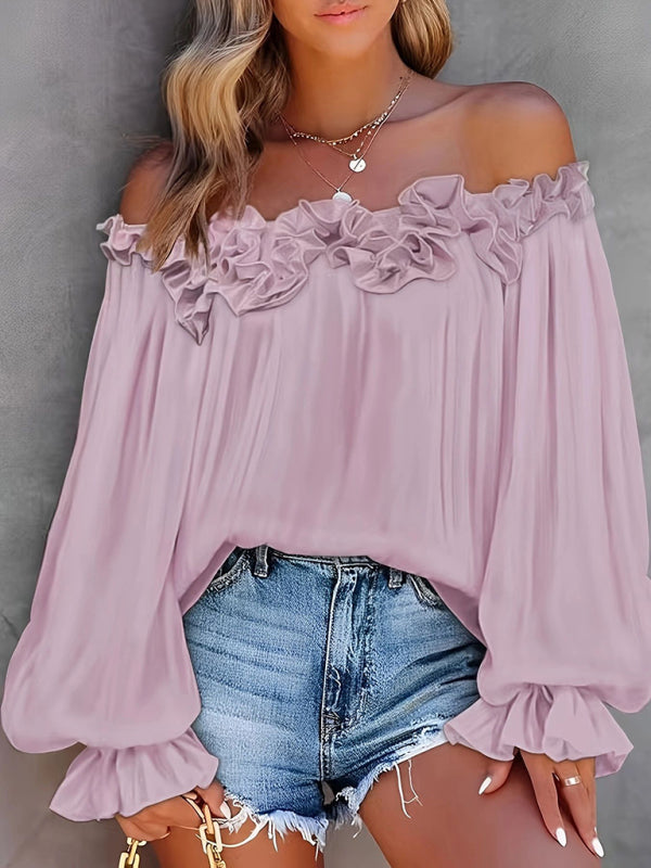 Plus size women’s fashion ruffled one shoulder long sleeve top - Purple / XL