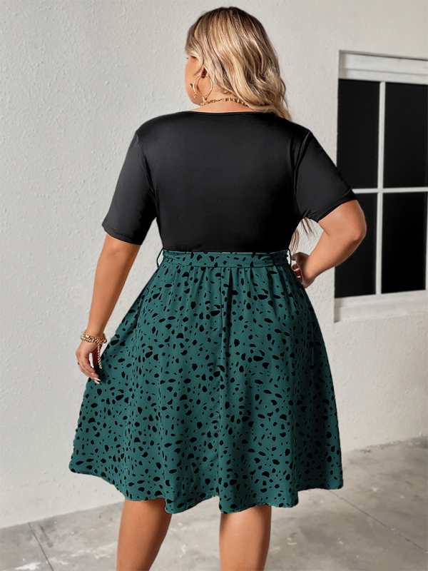 Plus size women’s patchwork v-neck short-sleeved strappy pleated dress
