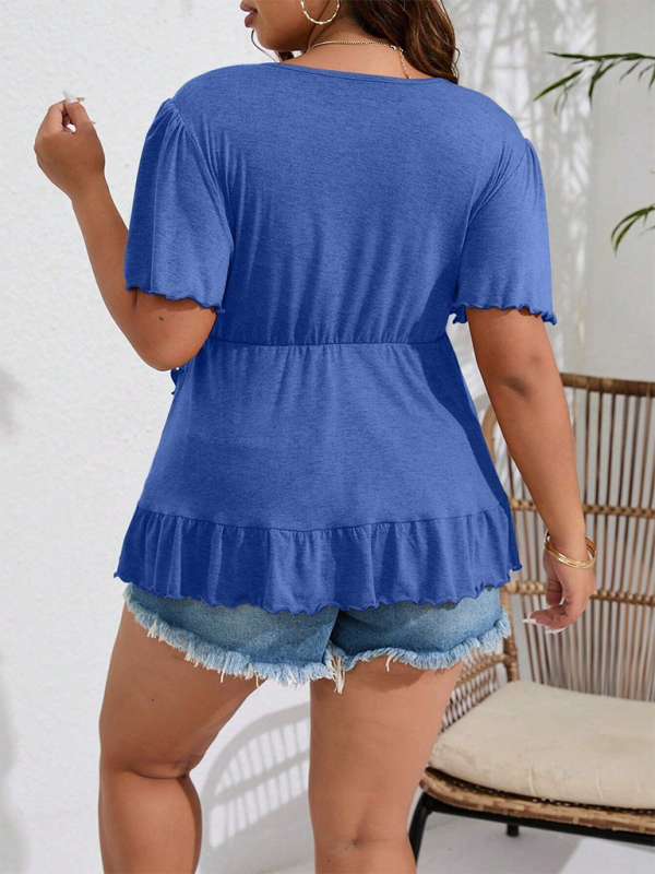 Plus size women’s solid color V-neck short-sleeved tops