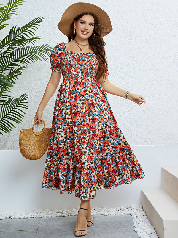 Plus size women’s summer floral one-shoulder waist slimming dress - Orange Red / XL
