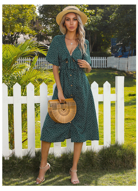 Polka-dot deep v-neck hollow short-sleeved bow sexy dress - Deep green / S
