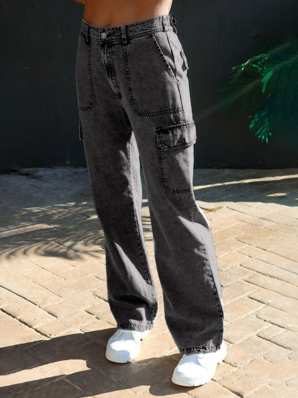 Pure cotton washed denim multi-pocket non-stretch overalls - Black / S