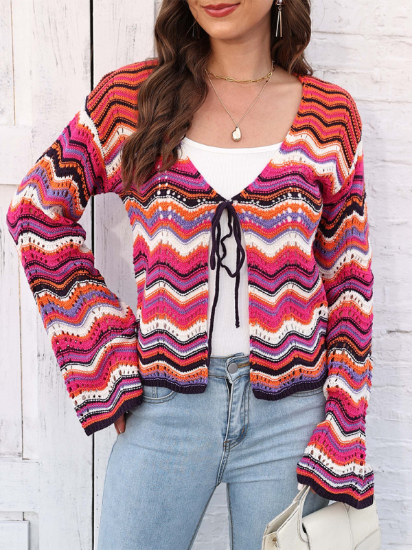 Rainbow Wave Woven Cardigan Sweater with Monochrome Stripes - Rose / S