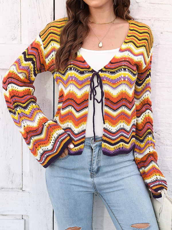 Rainbow Wave Woven Cardigan Sweater with Monochrome Stripes - Yellow / S