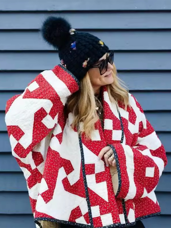 Red Geometric Printed Cotton Jacket - Red / S