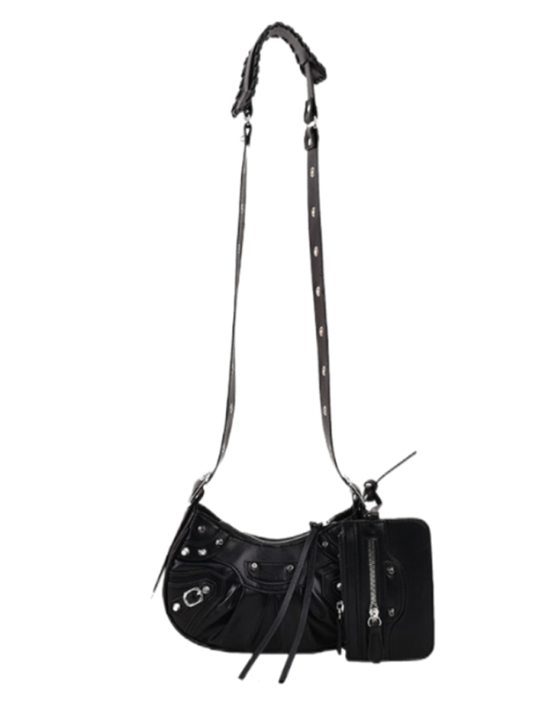 Rivet Heavy Industry Pleated Shoulder Underarm Bag Messenger Bag - Black / F