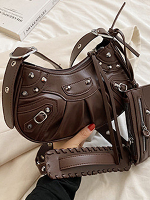 Rivet Heavy Industry Pleated Shoulder Underarm Bag Messenger Bag - Coffee / F