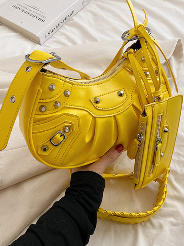 Rivet Heavy Industry Pleated Shoulder Underarm Bag Messenger Bag - Yellow / F