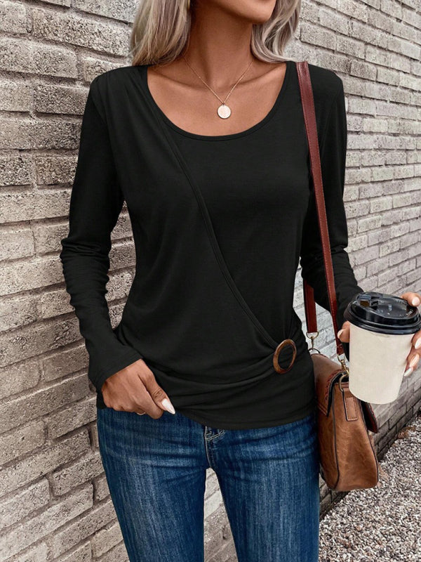 Round neck buckle pleated waist fashionable women’s top