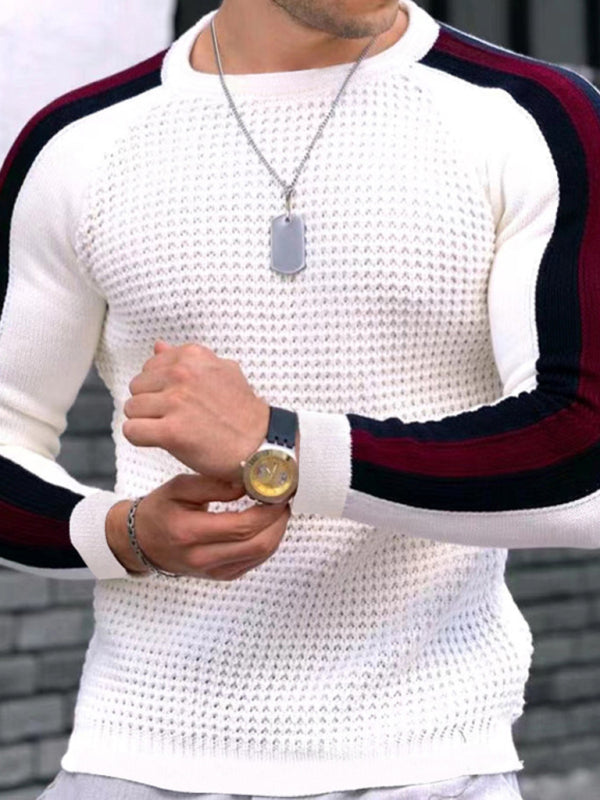 Round neck color contrast t-shirt men’s casual loose bottoming sweater