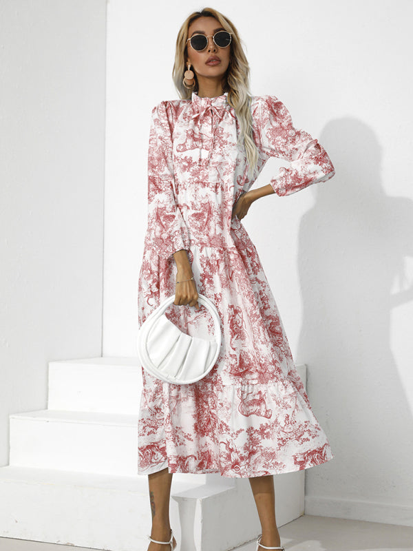 Round Neck Print Loose Cropped Sleeve Dress - Red / S