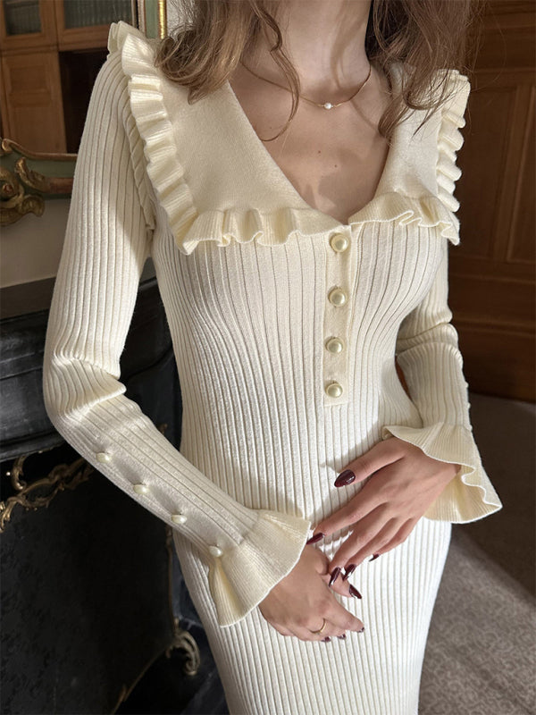 Ruffled Knit Sweater Dress - White / S