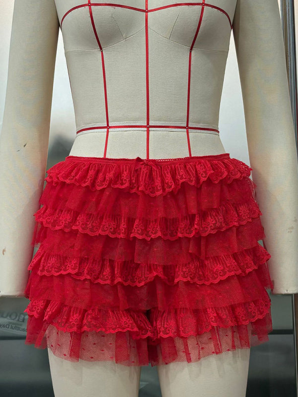 Ruffled Wavy Low Rise Shorts - Red / S