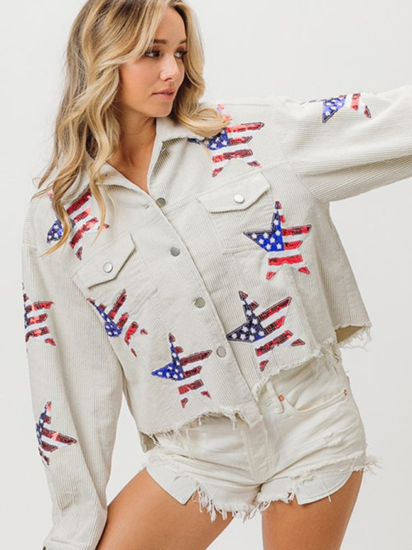 Sequin Jacket Independence Day Sequined Corduroy Top - White / S