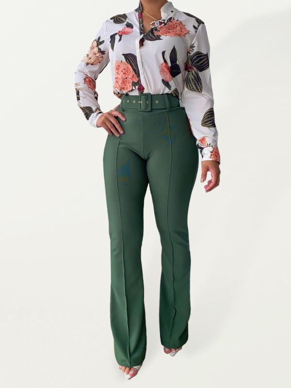 Set printed long-sleeved shirt top wide-leg pants two-piece set - Printing 1 / S