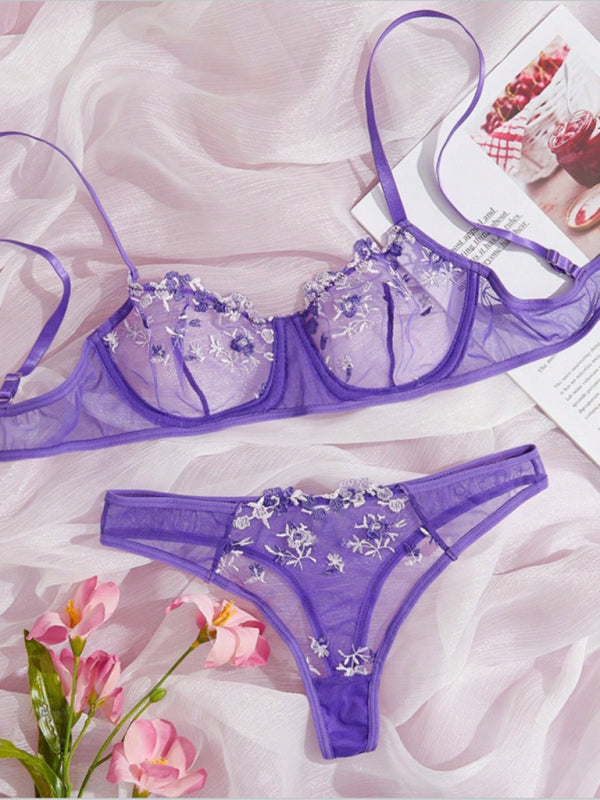 Sexy Floral Knit Lingerie Set in Polyester Fabric - Violet / S