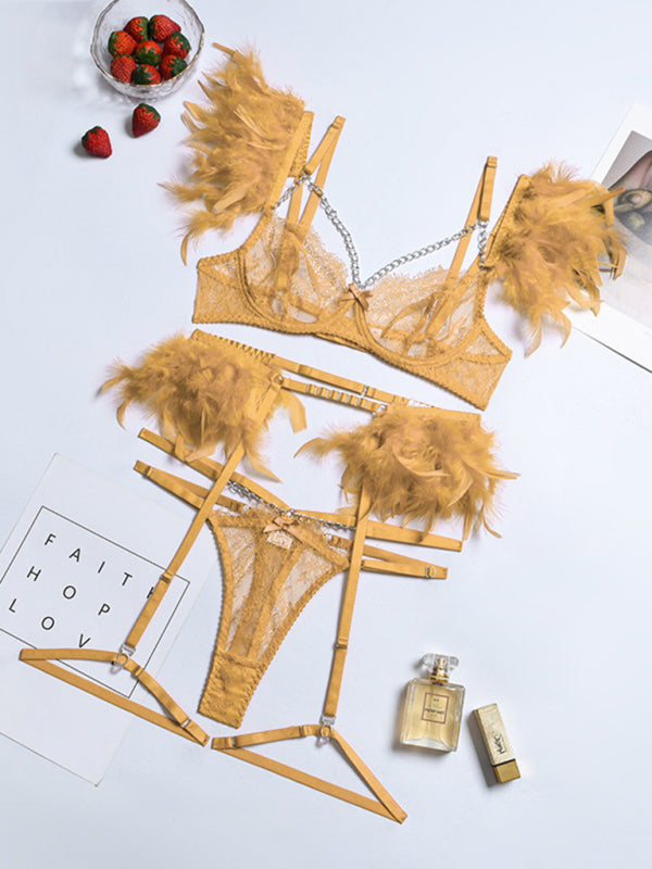 Sexy Lingerie-Lace Feather Sexy Lingerie Four-piece Set - Khaki / S