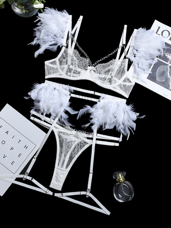 Sexy Lingerie-Lace Feather Sexy Lingerie Four-piece Set - White / S
