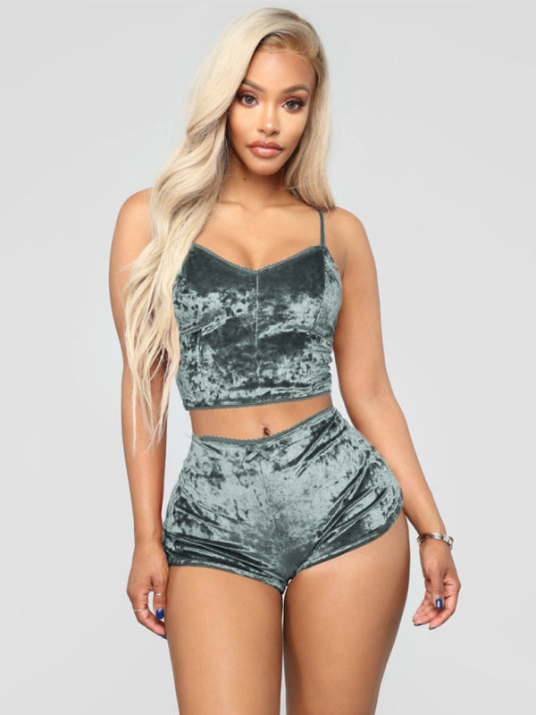 Sexy Velvet V-neck Underwear Two-Piece Set Sexy Lingerie Homewear Set - Grey / XS
