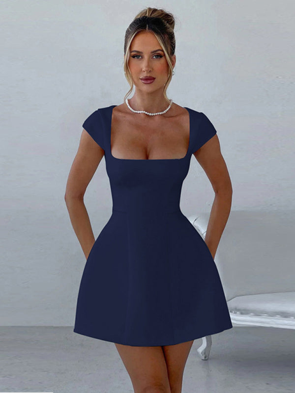 Short Sleeve Square Neck Vest A-Line Dress - Champlain color / XS