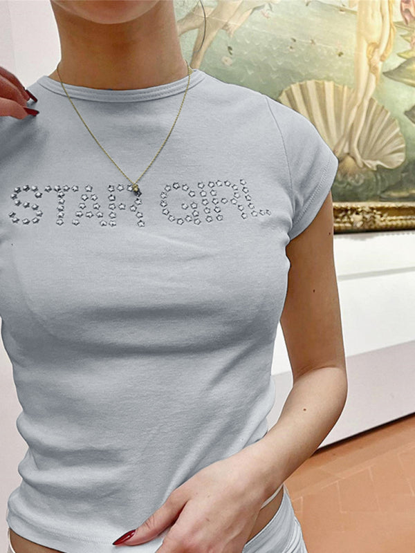 Short-sleeved T-shirt letter ironing rhinestone inner layered slim top - White / S