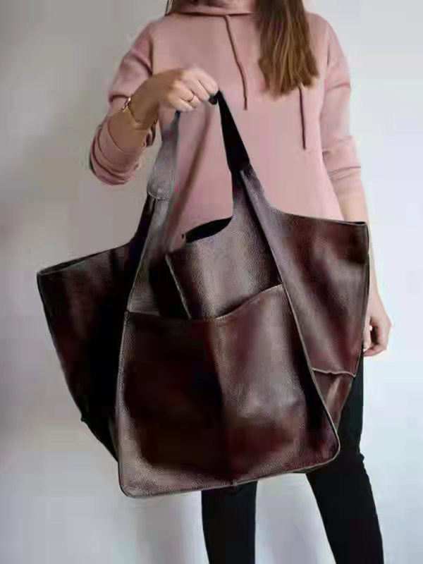 Simple Large Bag Soft Leather Large Capacity One Shoulder Portable Tote Bag - Brown / F